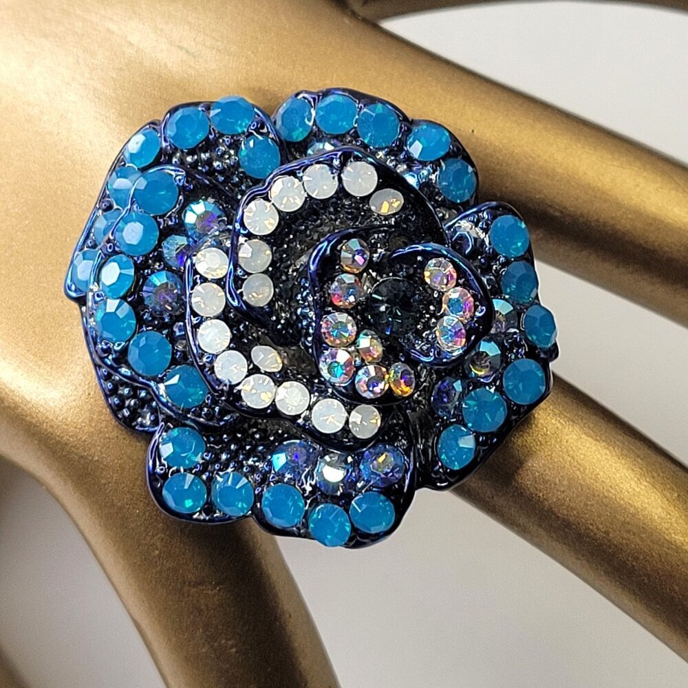 Statement Blue Rhinestone floral Ring with Adjustable Band